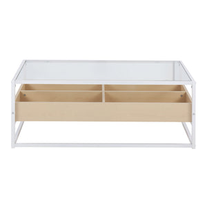 English Elm Display Modern Coffee Table With Tempered Glass Top, White Metal Frame & Natural Wood Storage Compartment B202P223306