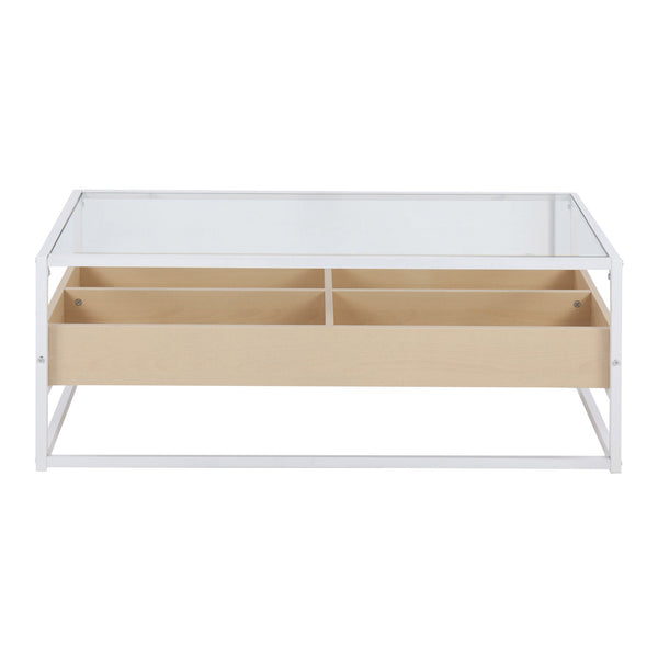 English Elm Display Modern Coffee Table With Tempered Glass Top, White Metal Frame & Natural Wood Storage Compartment B202P223306
