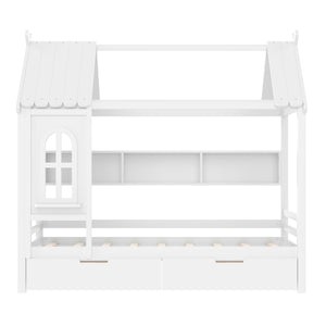 English Elm Twin House Platform Bed with Drawers & Shelves, Solid Wood Playhouse Frame for Kids, Cozy Design Light White W1580S00265