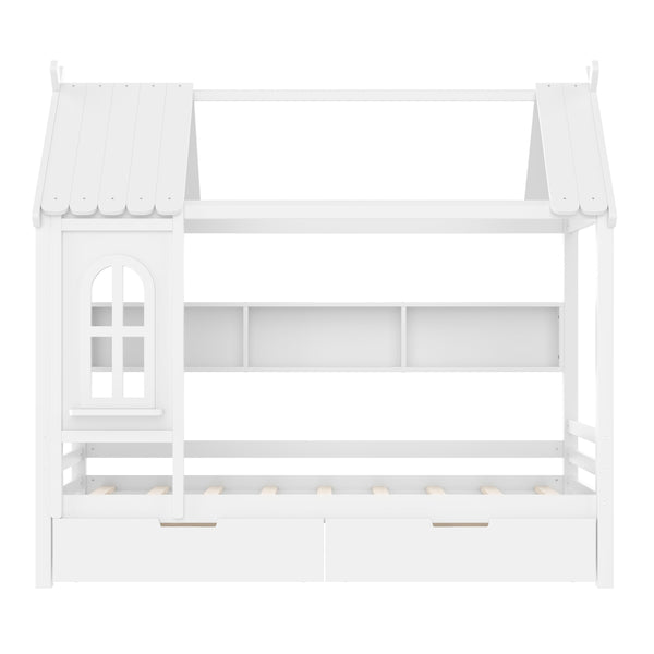 English Elm Twin House Platform Bed with Drawers & Shelves, Solid Wood Playhouse Frame for Kids, Cozy Design Light White W1580S00265