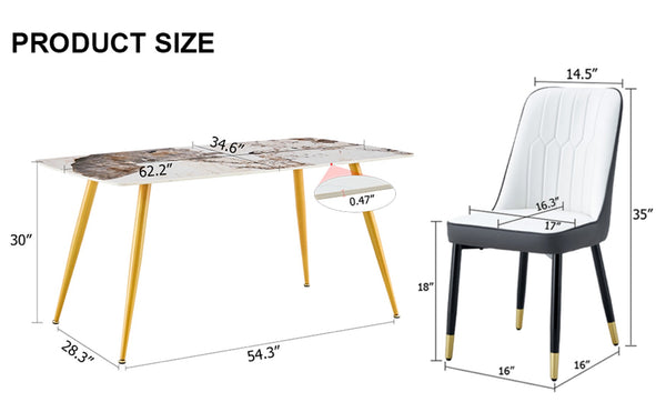 English Elm Table And Chair Set - Modern Minimalist Dining With White Marble Sintered Stone & Gold Legs, 4 Chairs W1151S01669-GIGA