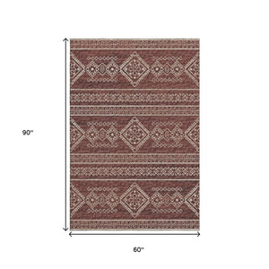 HomeRoots 5' X 8' Tribal Washable Area Rug in Burnt Sienna & Ivory - UV Protected, Stain-Resistant Design 645075