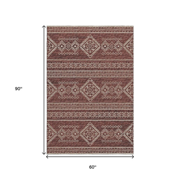 HomeRoots 5' X 8' Tribal Washable Area Rug in Burnt Sienna & Ivory - UV Protected, Stain-Resistant Design 645075