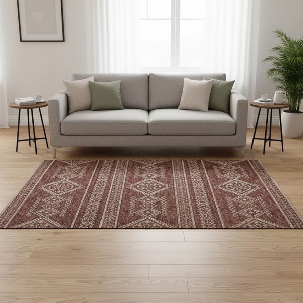 HomeRoots 5' X 8' Tribal Washable Area Rug in Burnt Sienna & Ivory - UV Protected, Stain-Resistant Design 645075