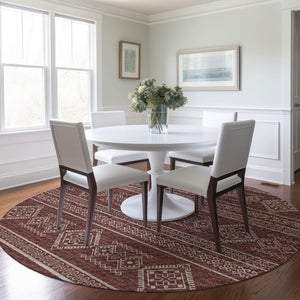 HomeRoots 8' Burnt Sienna and Ivory Tribal Round Rug - Washable, UV-Protected, Durable & Family-Friendly Design 645076