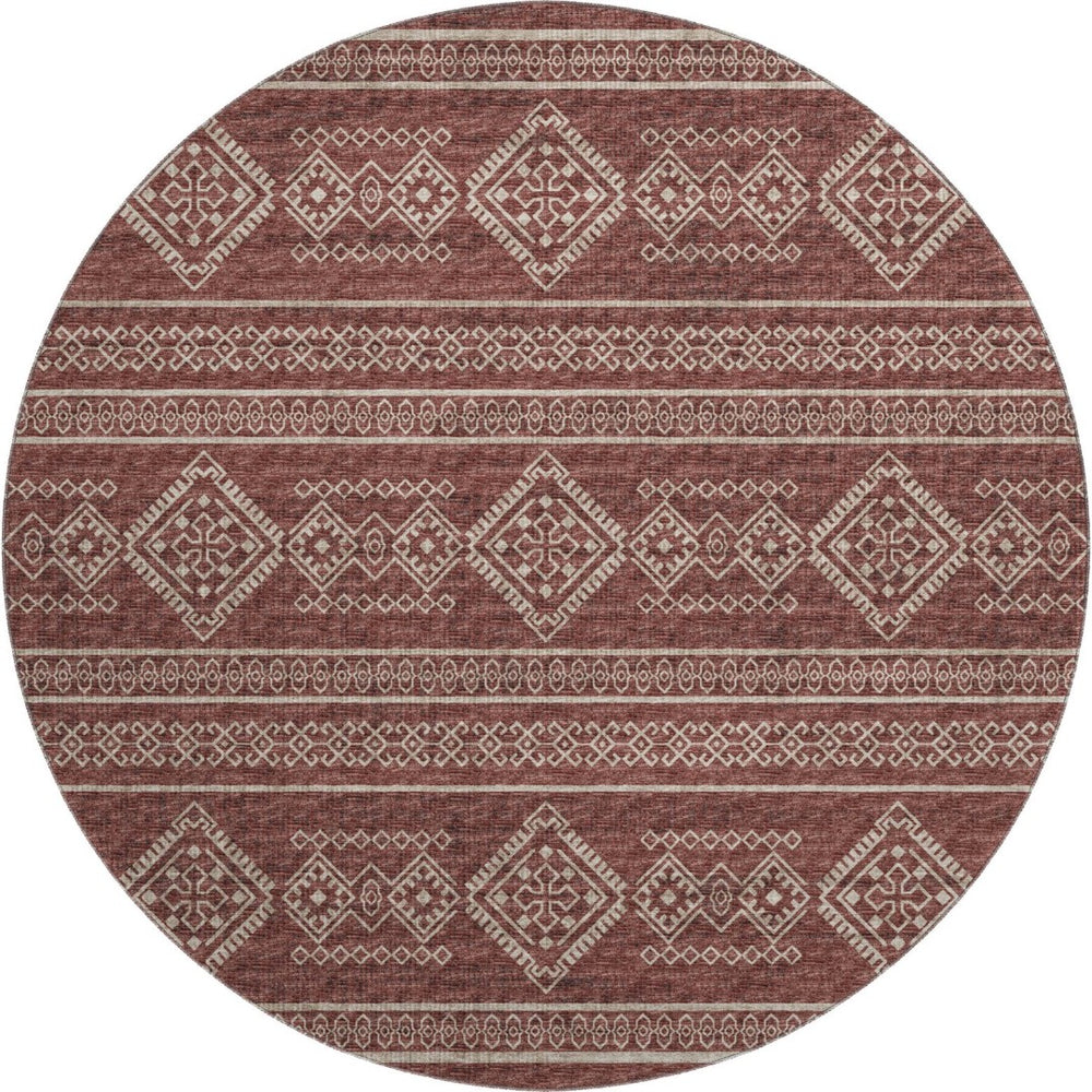 HomeRoots 8' Burnt Sienna and Ivory Tribal Round Rug - Washable, UV-Protected, Durable & Family-Friendly Design 645076