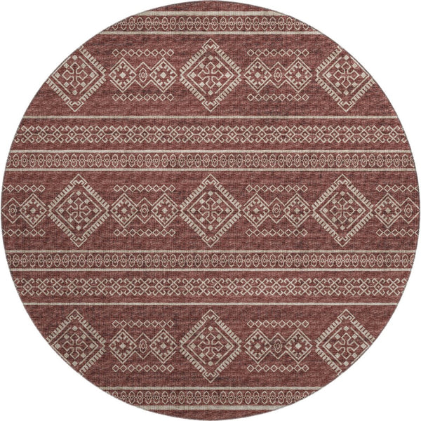 HomeRoots 8' Burnt Sienna and Ivory Tribal Round Rug - Washable, UV-Protected, Durable & Family-Friendly Design 645076