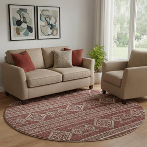 HomeRoots 8' Burnt Sienna and Ivory Tribal Round Rug - Washable, UV-Protected, Durable & Family-Friendly Design 645076