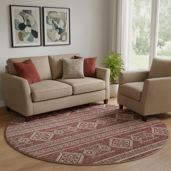HomeRoots 8' Burnt Sienna and Ivory Tribal Round Rug - Washable, UV-Protected, Durable & Family-Friendly Design 645076