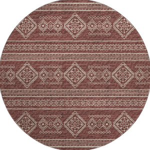HomeRoots 8' Burnt Sienna and Ivory Tribal Round Rug - Washable, UV-Protected, Durable & Family-Friendly Design 645076