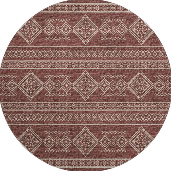 HomeRoots 8' Burnt Sienna and Ivory Tribal Round Rug - Washable, UV-Protected, Durable & Family-Friendly Design 645076