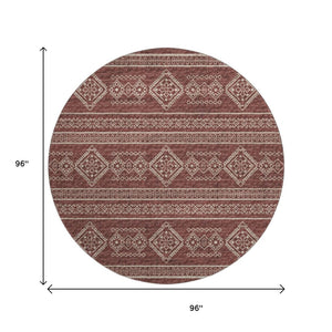 HomeRoots 8' Burnt Sienna and Ivory Tribal Round Rug - Washable, UV-Protected, Durable & Family-Friendly Design 645076