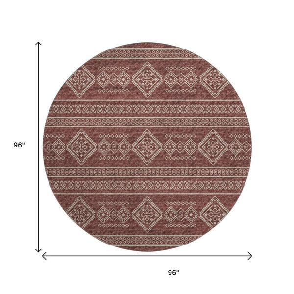 HomeRoots 8' Burnt Sienna and Ivory Tribal Round Rug - Washable, UV-Protected, Durable & Family-Friendly Design 645076