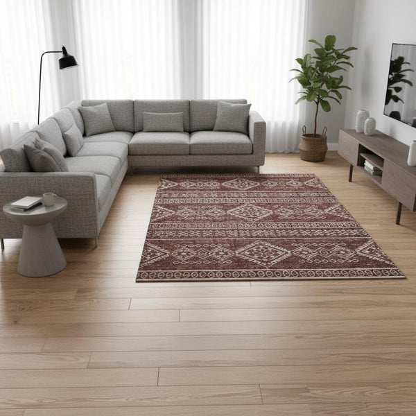 HomeRoots 8' X 10' Stylish Burnt Sienna Tribal Area Rug - Washable, UV-Protected, Perfect for Busy Homes! 645077