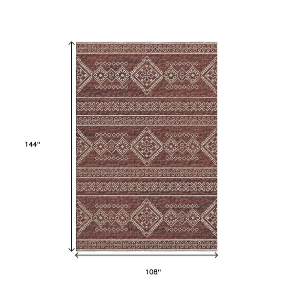 HomeRoots 9' X 12' Durable Burnt Sienna Tribal Area Rug – Machine Washable, UV Protected, Stain Resistant Design 645078