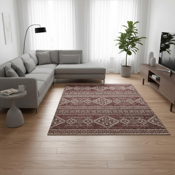 HomeRoots 9' X 12' Durable Burnt Sienna Tribal Area Rug – Machine Washable, UV Protected, Stain Resistant Design 645078