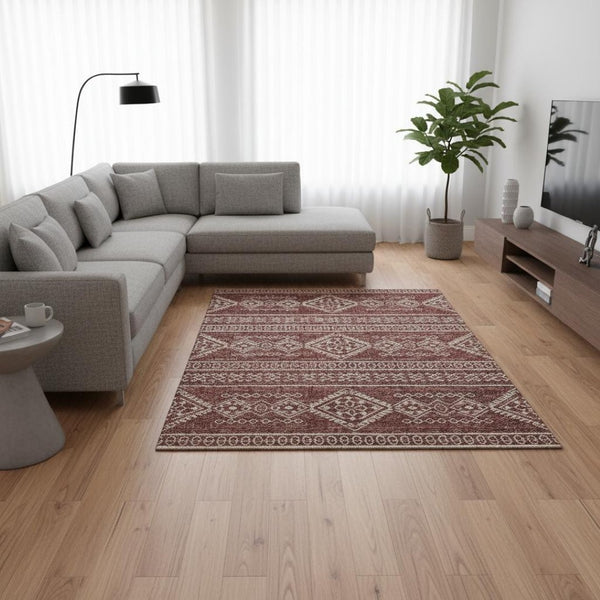 HomeRoots 10' X 14' Burnt Sienna Tribal Area Rug - Washable, UV Protected, Durable Design for Busy Homes 645079