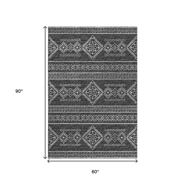 HomeRoots 5' X 8' Gray And Ivory Tribal Area Rug - Durable, Washable, UV-Protected for High Traffic Spaces 645081