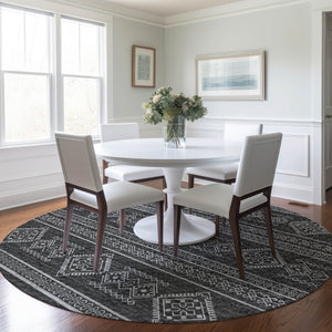 HomeRoots 8' Gray And Ivory Tribal Round Rug - Stylish, Washable, UV-Protected for Durable Everyday Use 645082