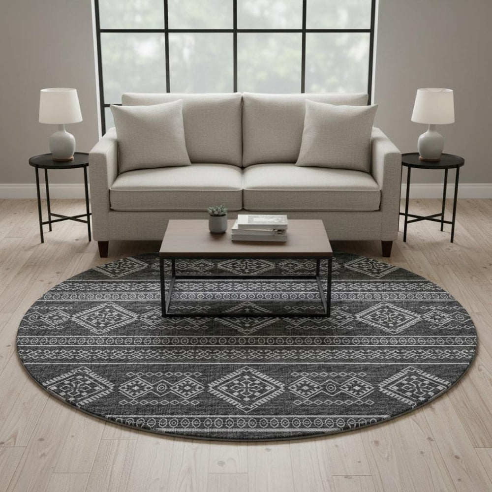 HomeRoots 8' Gray And Ivory Tribal Round Rug - Stylish, Washable, UV-Protected for Durable Everyday Use 645082