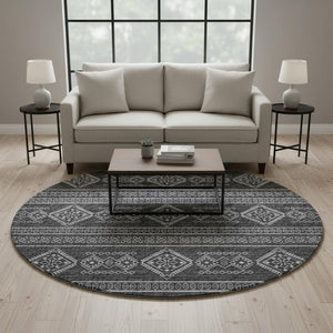 HomeRoots 8' Gray And Ivory Tribal Round Rug - Stylish, Washable, UV-Protected for Durable Everyday Use 645082