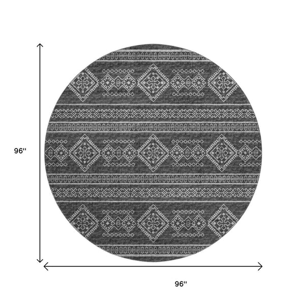 HomeRoots 8' Gray And Ivory Tribal Round Rug - Stylish, Washable, UV-Protected for Durable Everyday Use 645082