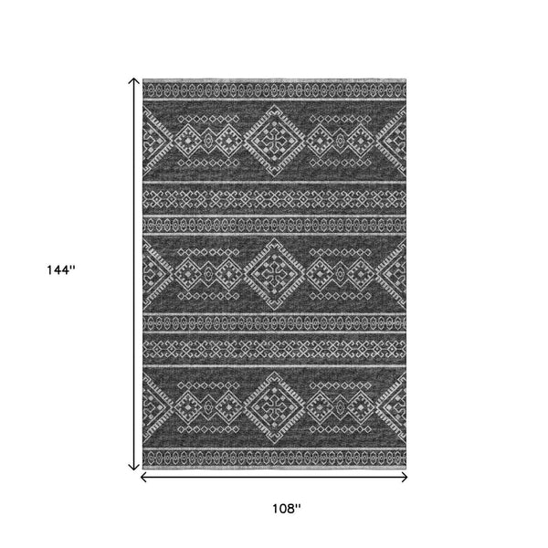 HomeRoots 9' X 12' Gray and Ivory Tribal Area Rug - Washable, UV-Protected, Durable for High-Traffic Spaces 645084