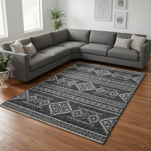 HomeRoots 10' X 14' Gray and Ivory Tribal Area Rug – Stylish, Washable, UV-Protected, and Stain-Resistant Design 645085