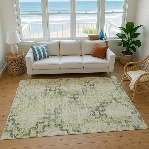 HomeRoots 5' X 8' Green and Beige Tribal Area Rug - Washable, UV Protected, Perfect for High-Traffic Spaces! 645099
