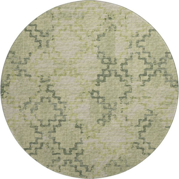 HomeRoots 8' Green and Beige Tribal Round Rug - Washable, UV-Resistant, Durable for Homes with Kids & Pets 645100