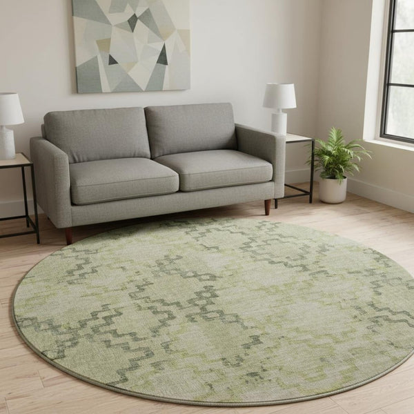 HomeRoots 8' Green and Beige Tribal Round Rug - Washable, UV-Resistant, Durable for Homes with Kids & Pets 645100