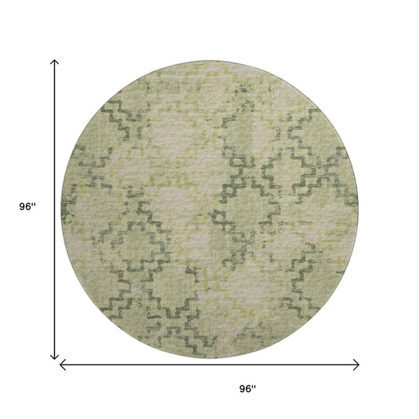 HomeRoots 8' Green and Beige Tribal Round Rug - Washable, UV-Resistant, Durable for Homes with Kids & Pets 645100