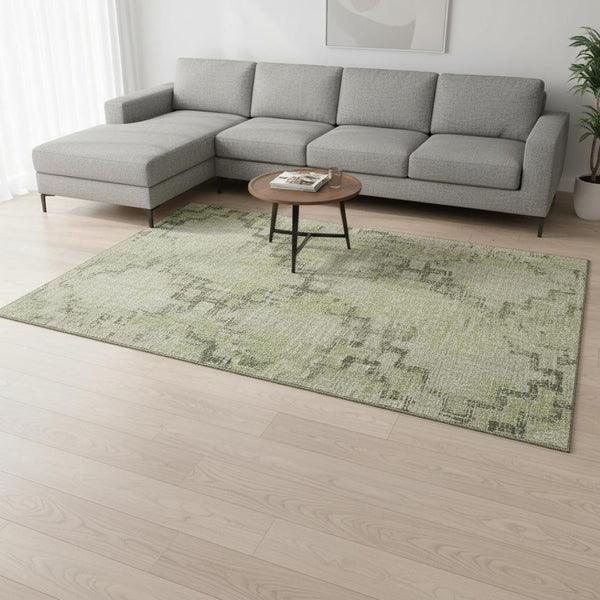 HomeRoots 9' X 12' Green & Beige Tribal Washable Area Rug - Durable, UV-Protected, Easy-Care Design for Homes 645102