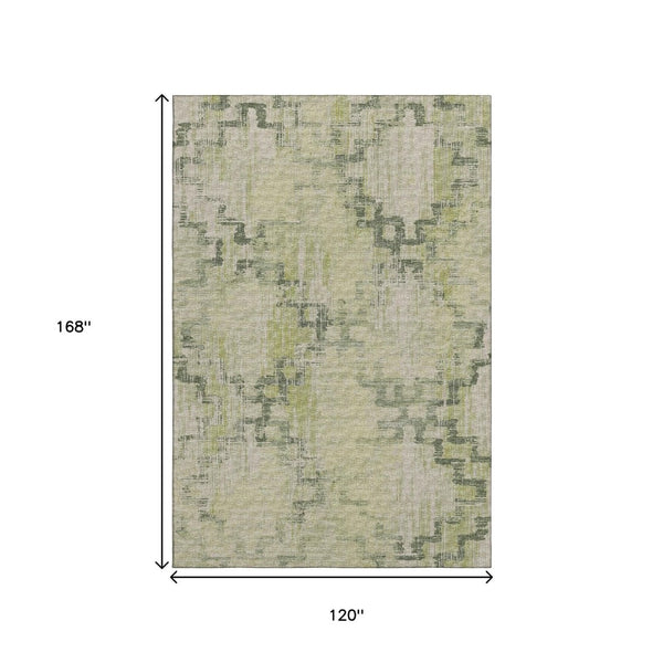 HomeRoots 10' X 14' Green and Beige Tribal Area Rug – Durable, Washable, UV-Protected for Stylish Living Spaces 645103
