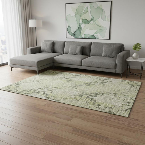 HomeRoots 10' X 14' Green and Beige Tribal Area Rug – Durable, Washable, UV-Protected for Stylish Living Spaces 645103