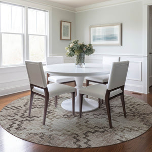 HomeRoots 8' Coffee and Ivory Tribal Round Rug - Durable, Washable, UV-Protected for Homes with Kids & Pets 645106