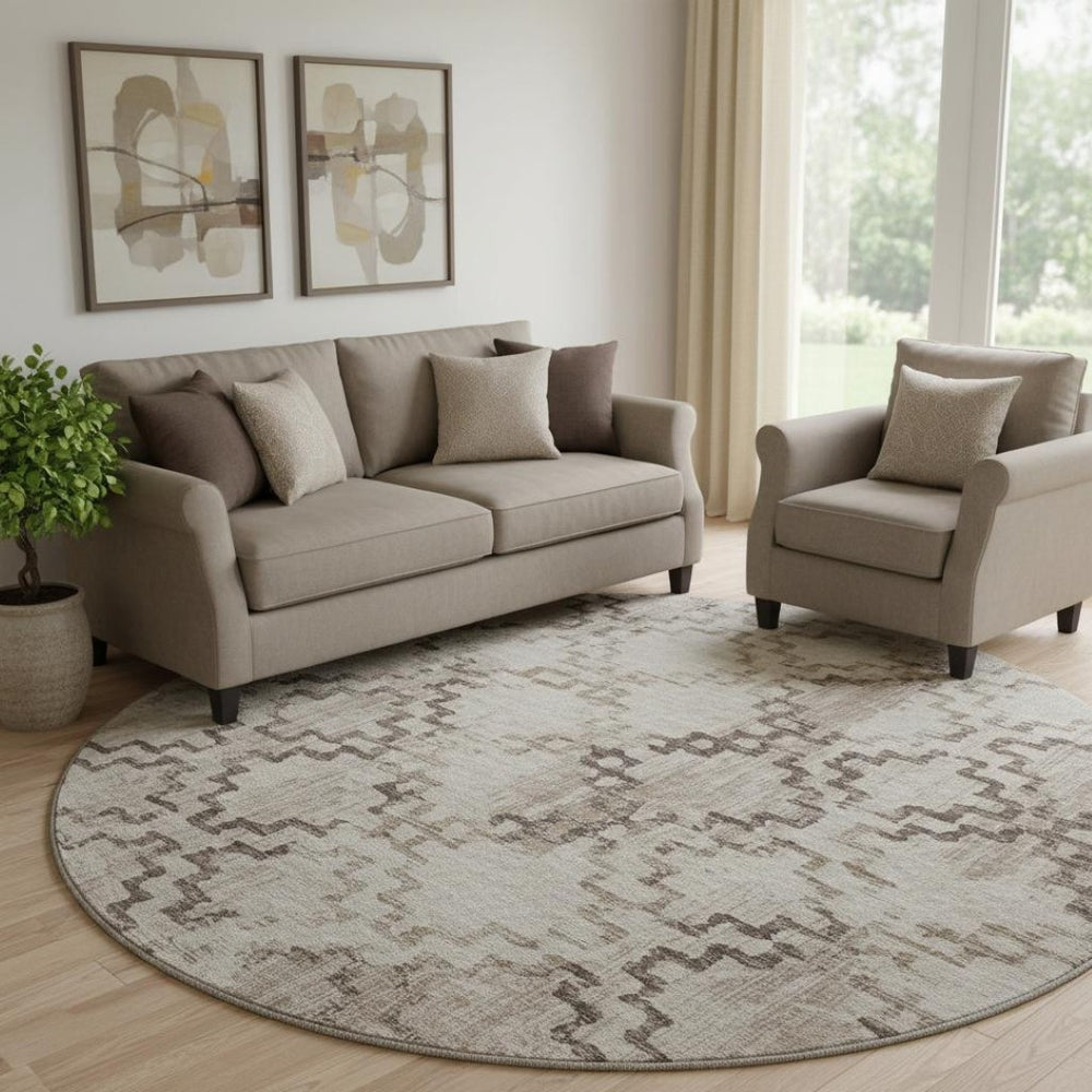 HomeRoots 8' Coffee and Ivory Tribal Round Rug - Durable, Washable, UV-Protected for Homes with Kids & Pets 645106