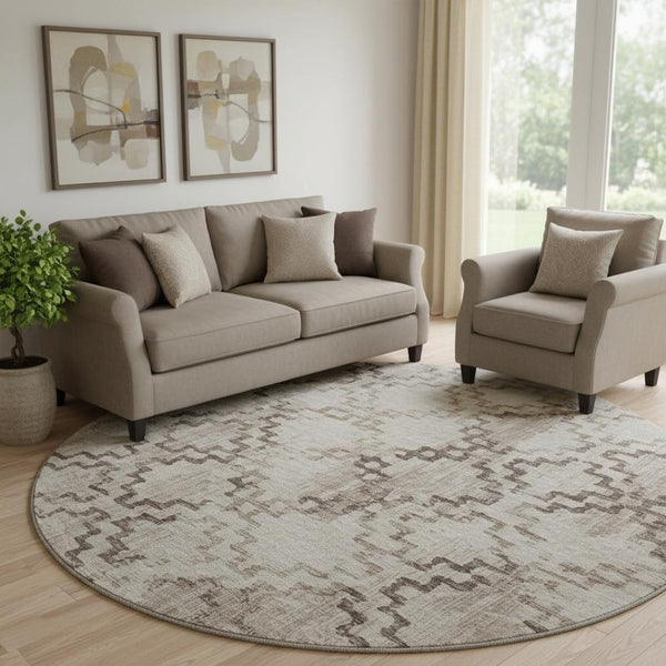 HomeRoots 8' Coffee and Ivory Tribal Round Rug - Durable, Washable, UV-Protected for Homes with Kids & Pets 645106