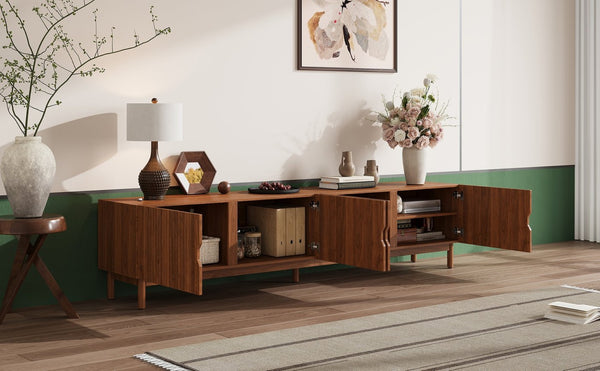 English Elm 87- Inch Rattan Media Console with Rubberwood Legs Four Cabinets Living Room N710P407809P