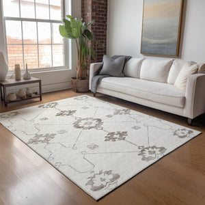 HomeRoots 5' X 8' Taupe and Ivory Floral Medallion Area Rug – Machine Washable, UV Protected, Stain Resistant 645111