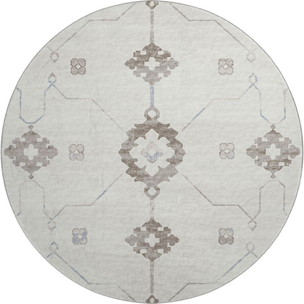 HomeRoots 8' Stylish Taupe & Ivory Floral Medallion Washable Round Rug with UV Defense for Every Space 645112