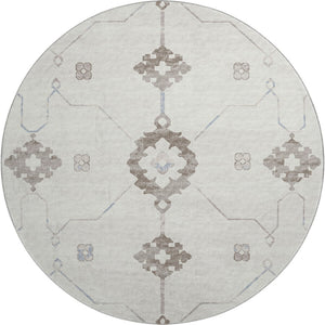 HomeRoots 8' Stylish Taupe & Ivory Floral Medallion Washable Round Rug with UV Defense for Every Space 645112