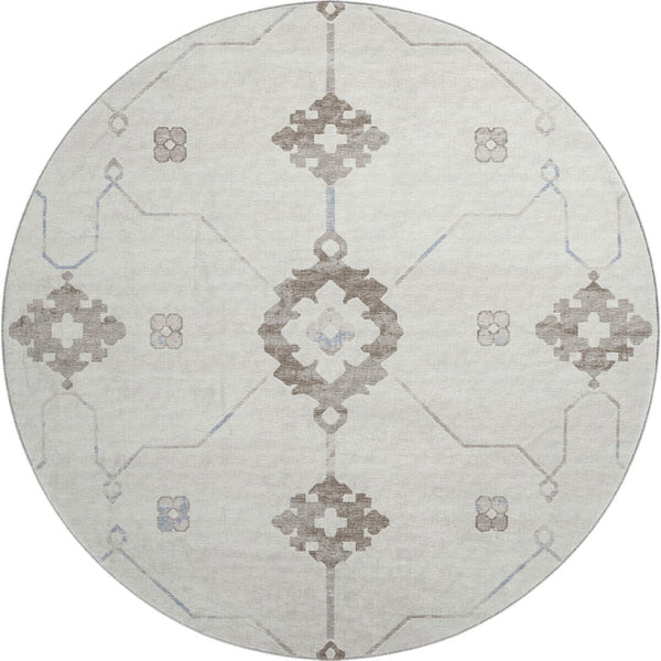 HomeRoots 8' Stylish Taupe & Ivory Floral Medallion Washable Round Rug with UV Defense for Every Space 645112