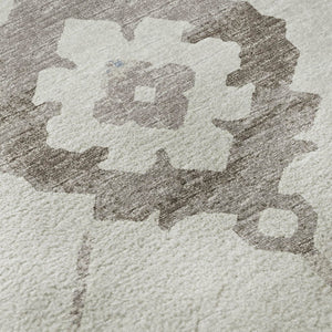 HomeRoots 8' Stylish Taupe & Ivory Floral Medallion Washable Round Rug with UV Defense for Every Space 645112