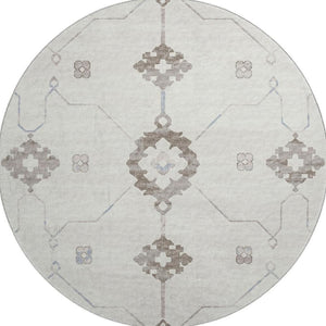 HomeRoots 8' Stylish Taupe & Ivory Floral Medallion Washable Round Rug with UV Defense for Every Space 645112