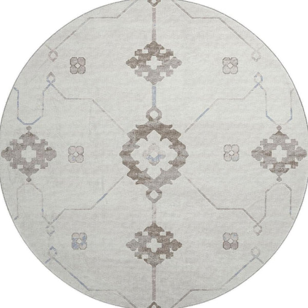 HomeRoots 8' Stylish Taupe & Ivory Floral Medallion Washable Round Rug with UV Defense for Every Space 645112