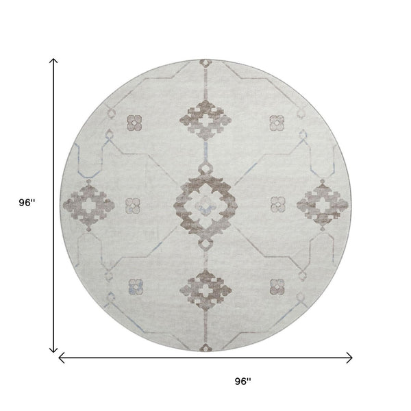 HomeRoots 8' Stylish Taupe & Ivory Floral Medallion Washable Round Rug with UV Defense for Every Space 645112