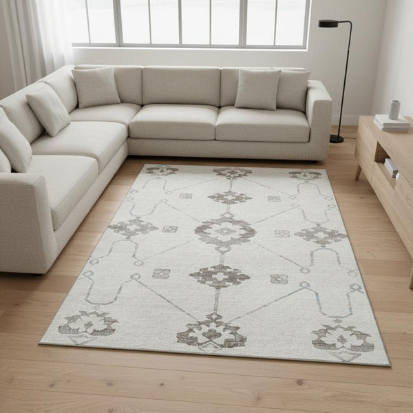 HomeRoots 8' X 10' Elegant Taupe & Ivory Floral Medallion Area Rug - Washable, UV-Resistant, Durable Design 645113