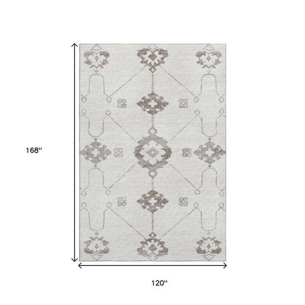 HomeRoots 10' X 14' Elegant Taupe & Ivory Floral Medallion Rug - Washable, UV Protected, Stain Resistant Design 645115