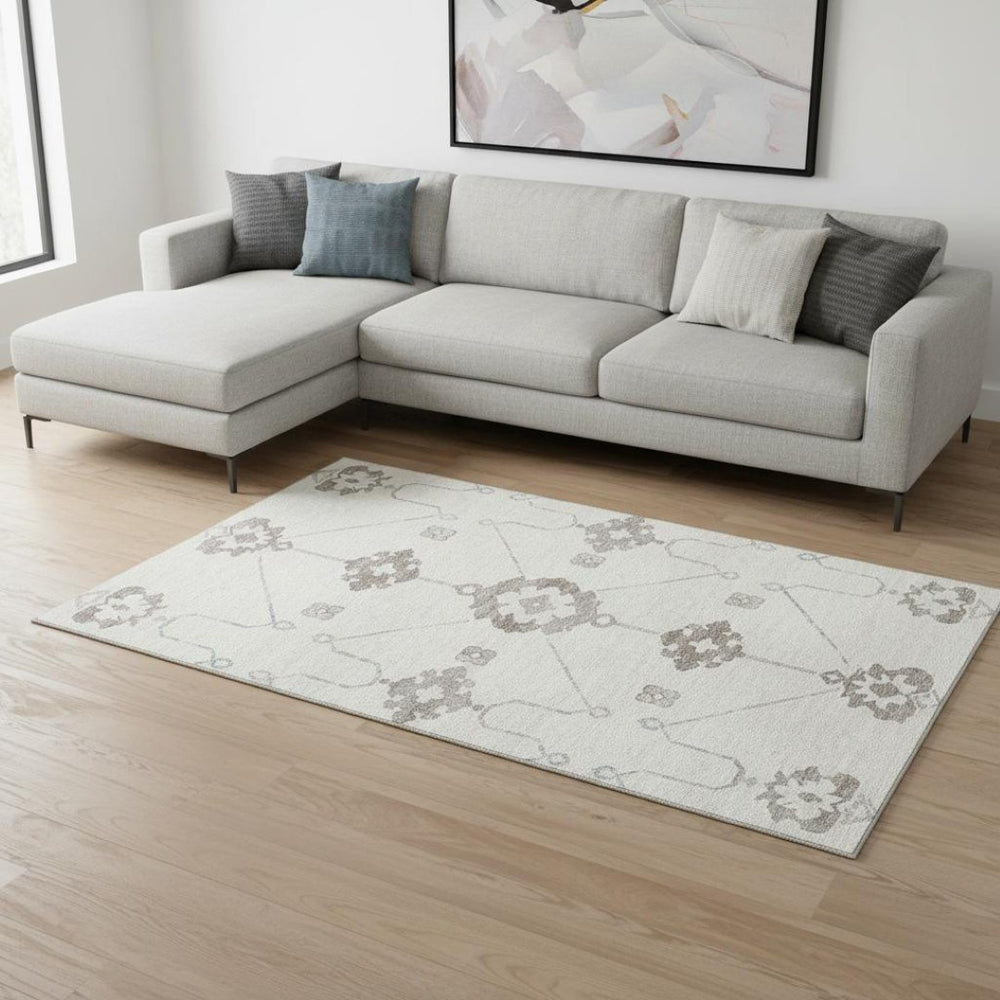 HomeRoots 10' X 14' Elegant Taupe & Ivory Floral Medallion Rug - Washable, UV Protected, Stain Resistant Design 645115